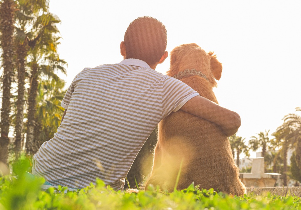 Pet parent hugging golden retriever outdoors